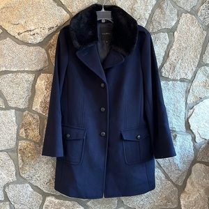 NWOT Talbots Navy Wool Blend Coat With Detachable Faux Fur Collar